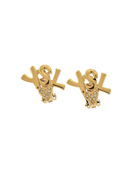 Yves Saint Laurent Vintage Golden YSL Rhinestone Heart Earrings