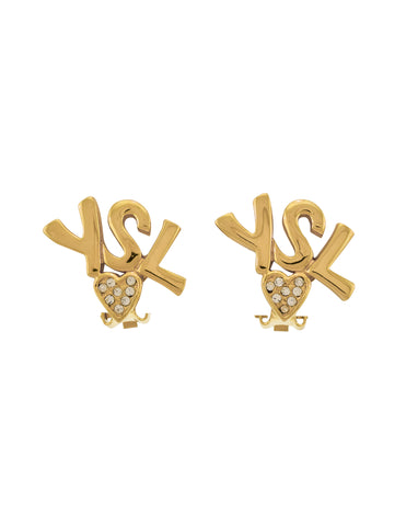 Yves Saint Laurent Vintage Golden YSL Rhinestone Heart Earrings