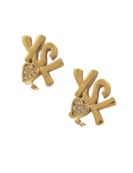 Yves Saint Laurent Vintage Golden YSL Rhinestone Heart Earrings