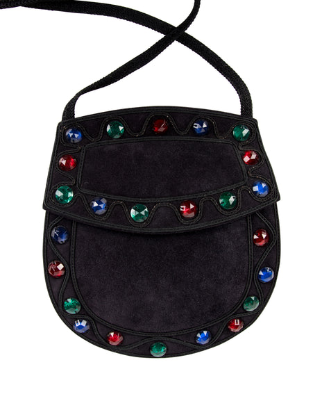 Yves Saint Laurent Vintage Gem Adorned Black Suede and Passementerie Bag