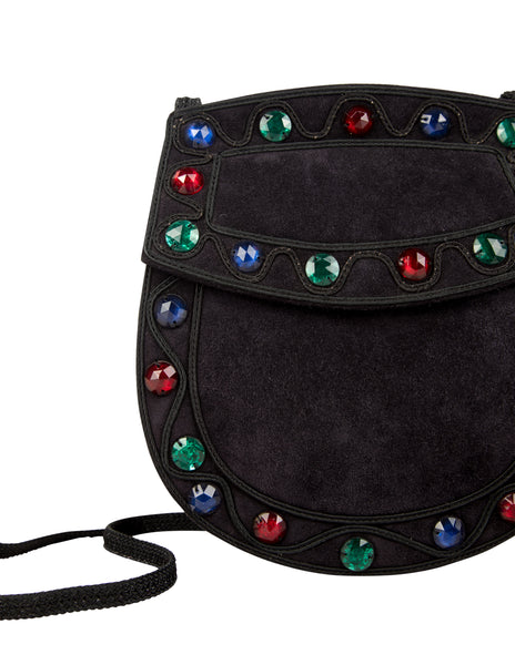 Yves Saint Laurent Vintage Gem Adorned Black Suede and Passementerie Bag