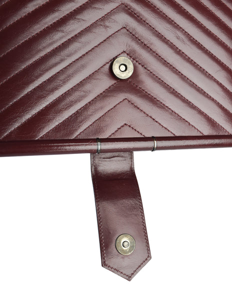 Yves Saint Laurent Vintage Burgundy Leather Chevron Quilted YSL Logo Large Clutch Bag