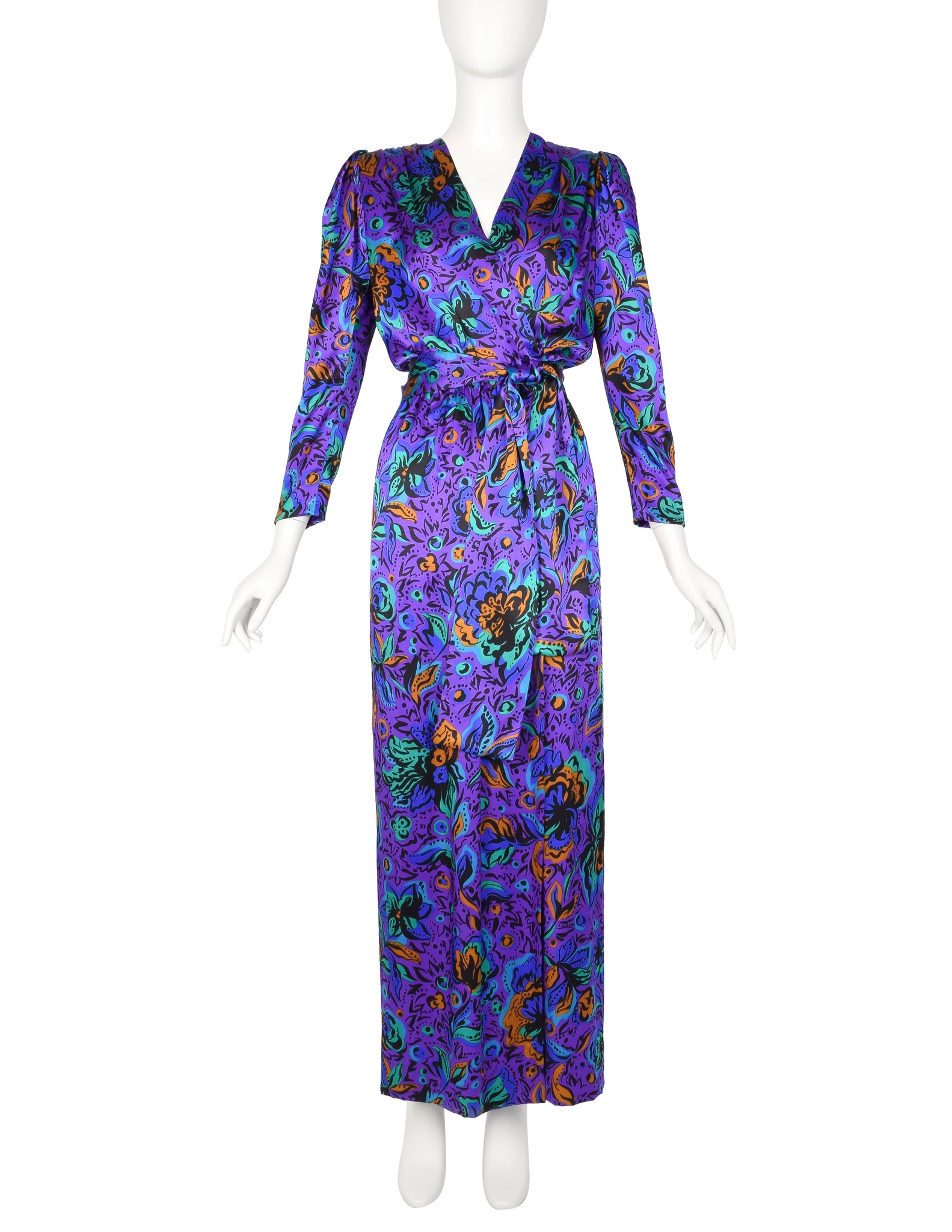Yves Saint Laurent Vintage 1980s Purple Mulricolor Floral Silk Charmeuse Surplice Gown