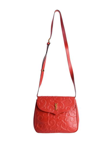 Yves Saint Laurent Vintage Red Baroque Embossed Pebbled Leather Crossbody Bag