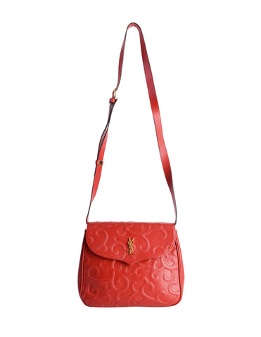 Yves Saint Laurent Vintage Red Baroque Embossed Pebbled Leather Crossbody Bag