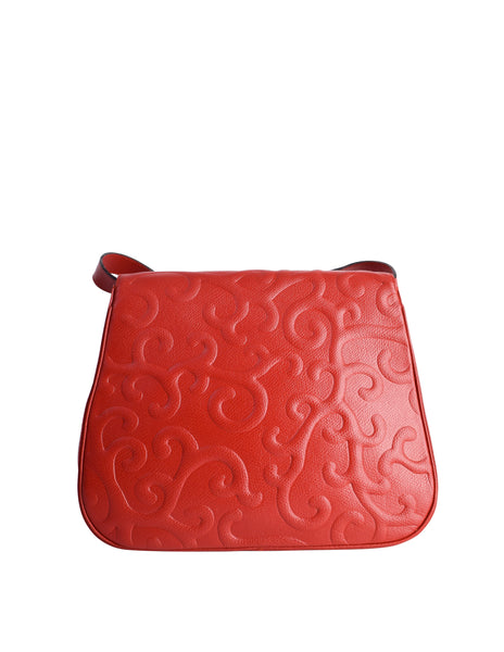 Yves Saint Laurent Vintage Red Baroque Embossed Pebbled Leather Crossbody Bag