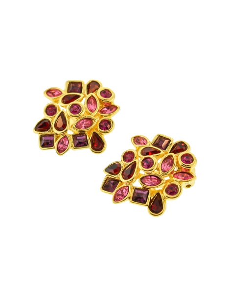 Yves Saint Laurent Vintage Golden Pink Red Purple Rhinestone Cluster Earrings