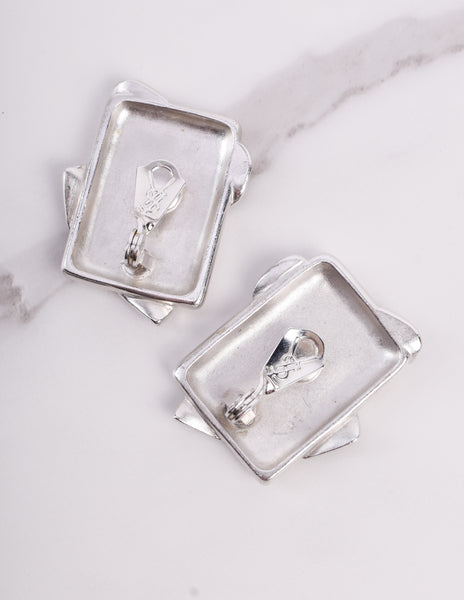 Yves Saint Laurent Vintage Silver Satin Chunky Multistrand Enamel X Necklace and Earring Set