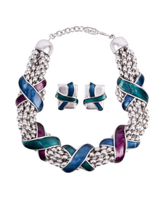 Yves Saint Laurent Vintage Silver Satin Chunky Multistrand Enamel X Necklace and Earring Set