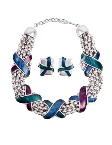 Yves Saint Laurent Vintage Silver Satin Chunky Multistrand Enamel X Necklace and Earring Set