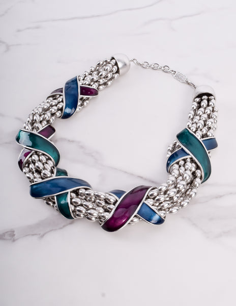 Yves Saint Laurent Vintage Silver Satin Chunky Multistrand Enamel X Necklace and Earring Set