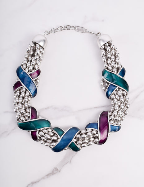 Yves Saint Laurent Vintage Silver Satin Chunky Multistrand Enamel X Necklace and Earring Set