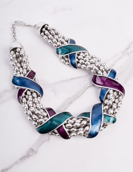 Yves Saint Laurent Vintage Silver Satin Chunky Multistrand Enamel X Necklace and Earring Set