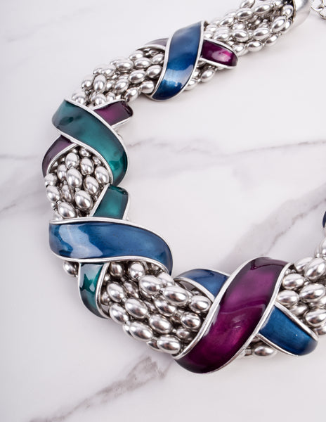 Yves Saint Laurent Vintage Silver Satin Chunky Multistrand Enamel X Necklace and Earring Set