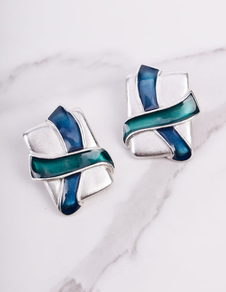 Yves Saint Laurent Vintage Silver Satin Chunky Multistrand Enamel X Necklace and Earring Set