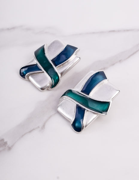 Yves Saint Laurent Vintage Silver Satin Chunky Multistrand Enamel X Necklace and Earring Set