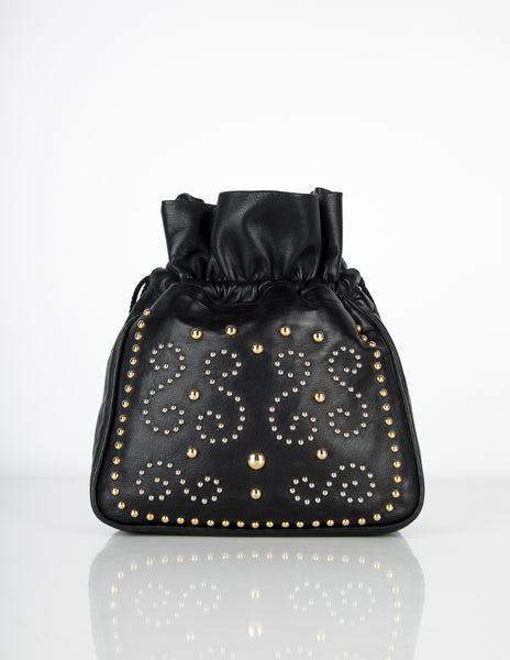 Yves Saint Laurent Vintage Silver and Gold Studded Black Leather Drawstring Crossbody Bag
