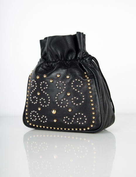 Yves Saint Laurent Vintage Silver and Gold Studded Black Leather Drawstring Crossbody Bag