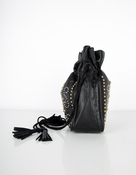 Yves Saint Laurent Vintage Silver and Gold Studded Black Leather Drawstring Crossbody Bag