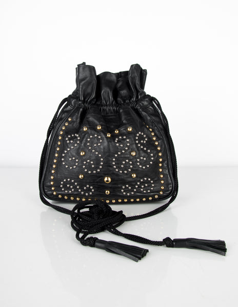Yves Saint Laurent Vintage Silver and Gold Studded Black Leather Drawstring Crossbody Bag