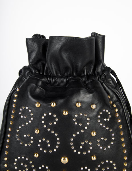 Yves Saint Laurent Vintage Silver and Gold Studded Black Leather Drawstring Crossbody Bag