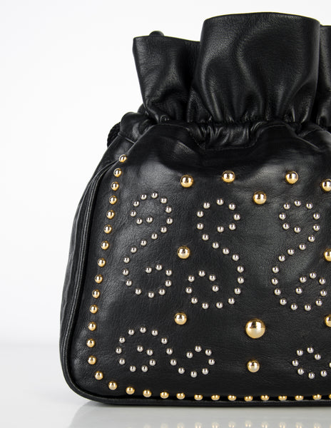 Yves Saint Laurent Vintage Silver and Gold Studded Black Leather Drawstring Crossbody Bag