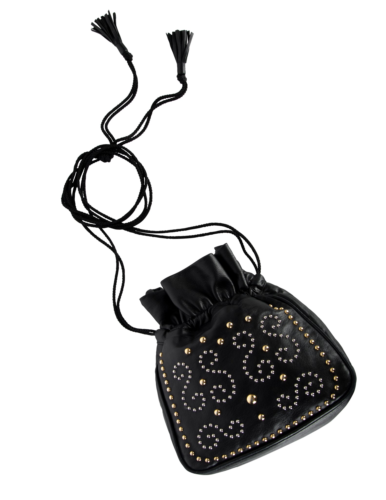 Yves Saint Laurent Vintage Silver and Gold Studded Black Leather Drawstring Crossbody Bag