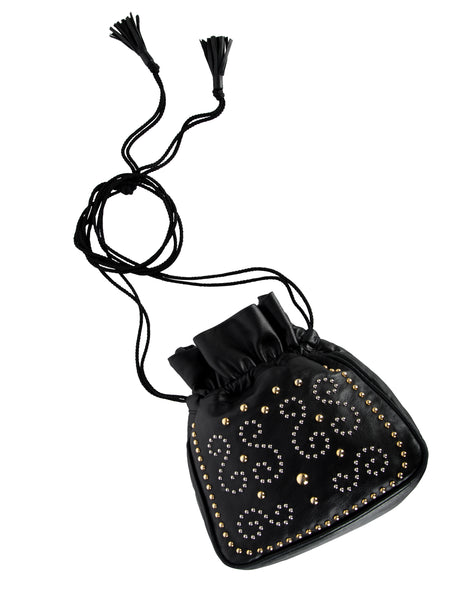 Yves Saint Laurent Vintage Silver and Gold Studded Black Leather Drawstring Crossbody Bag
