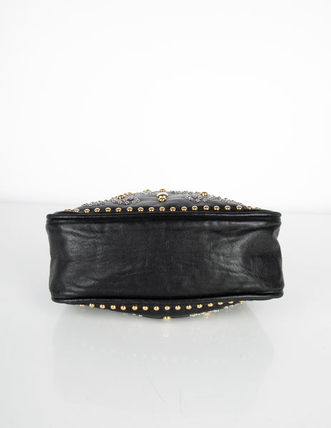 Yves Saint Laurent Vintage Silver and Gold Studded Black Leather Drawstring Crossbody Bag