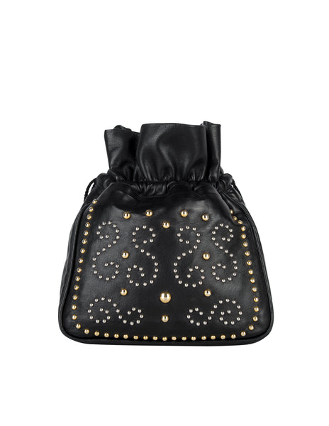 Yves Saint Laurent Vintage Silver and Gold Studded Black Leather Drawstring Crossbody Bag