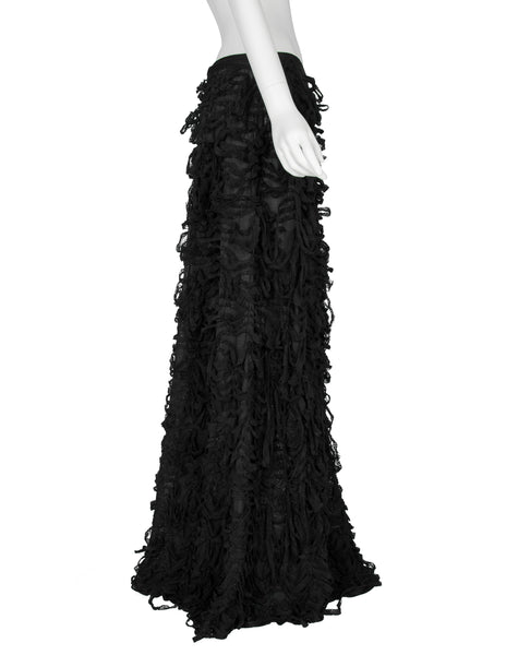 Yves Saint Laurent by Tom Ford Vintage AW 2001 Black Distressed Ribbon Maxi Skirt