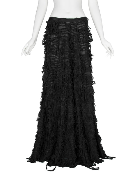 Yves Saint Laurent by Tom Ford Vintage AW 2001 Black Distressed Ribbon Maxi Skirt