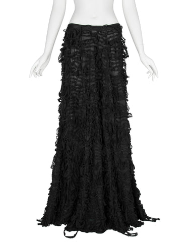 Yves Saint Laurent by Tom Ford Vintage AW 2001 Black Distressed Ribbon Maxi Skirt