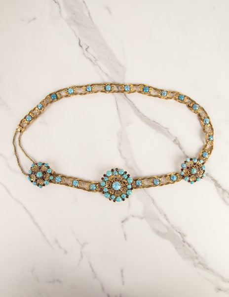 Yves Saint Laurent Haute Couture Vintage c. 1969 Turquoise and Purple Golden Filigree Belt