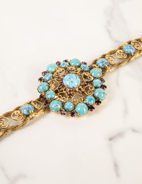Yves Saint Laurent Haute Couture Vintage c. 1969 Turquoise and Purple Golden Filigree Belt