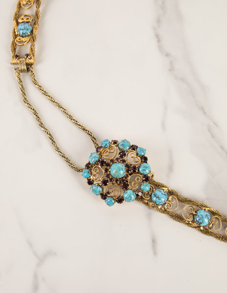 Yves Saint Laurent Haute Couture Vintage c. 1969 Turquoise and Purple Golden Filigree Belt