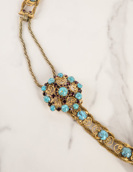 Yves Saint Laurent Haute Couture Vintage c. 1969 Turquoise and Purple Golden Filigree Belt