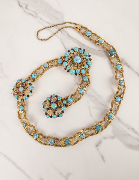 Yves Saint Laurent Haute Couture Vintage c. 1969 Turquoise and Purple Golden Filigree Belt