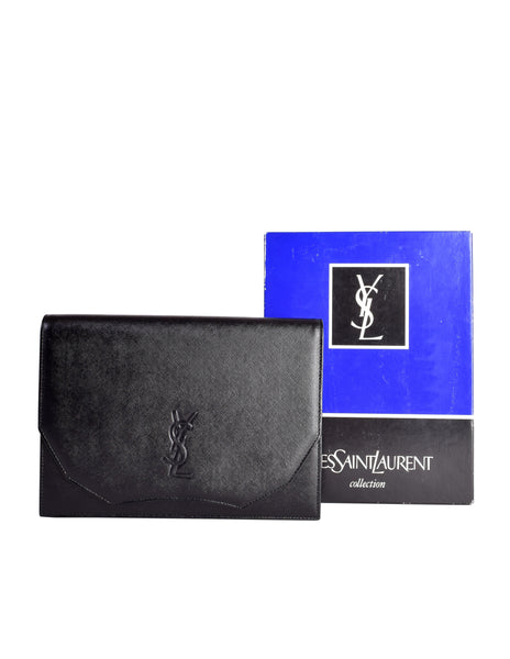 Yves Saint Laurent Vintage Black YSL Logo Saffiano Leather Clutch Bag