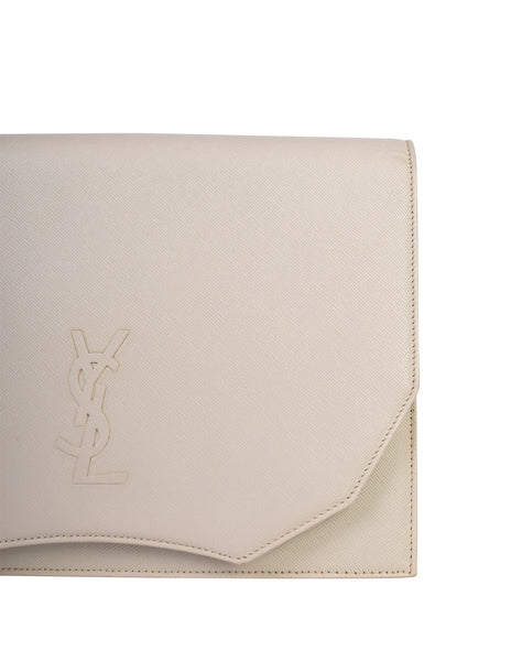 Yves Saint Laurent Vintage Off-White Eggshell YSL Logo Saffiano Leather Clutch Bag