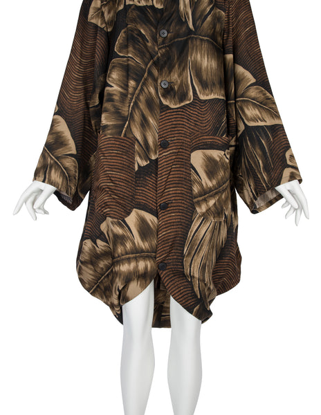 Yohji Yamamoto Vintage SS 1985 Brown Tropical Palm Print Rayon Draping Duster