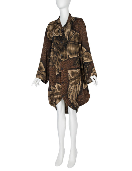 Yohji Yamamoto Vintage SS 1985 Brown Tropical Palm Print Rayon Draping Duster