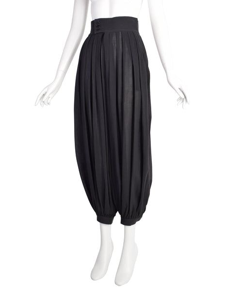 Yves Saint Laurent Vintage 1970s Black Linen Pleated High Waist Harem Pants