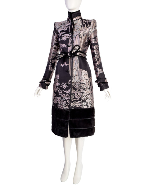Yves Saint Laurent by Tom Ford Vintage AW2004 Iconic Chinoiserie Scenic Jacquard Fur Trim Coat
