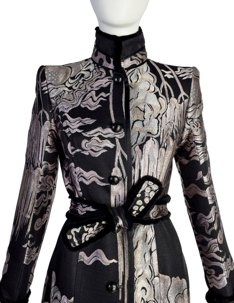 Yves Saint Laurent by Tom Ford Vintage AW2004 Iconic Chinoiserie Scenic Jacquard Fur Trim Coat