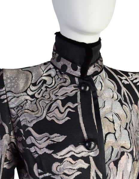 Yves Saint Laurent by Tom Ford Vintage AW2004 Iconic Chinoiserie Scenic Jacquard Fur Trim Coat