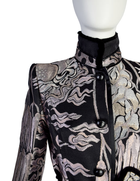 Yves Saint Laurent by Tom Ford Vintage AW2004 Iconic Chinoiserie Scenic Jacquard Fur Trim Coat