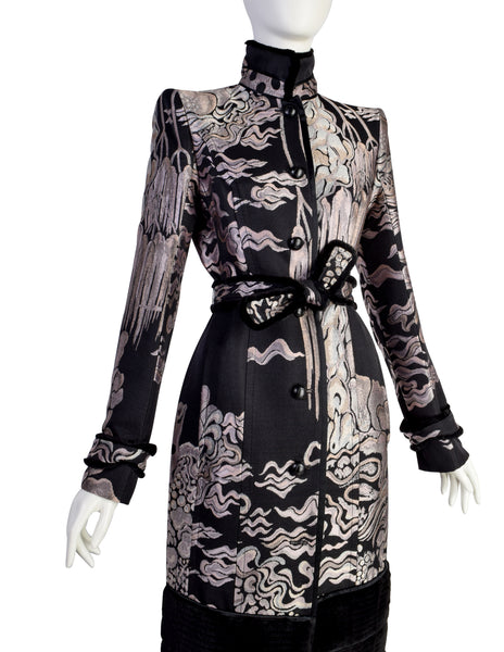 Yves Saint Laurent by Tom Ford Vintage AW2004 Iconic Chinoiserie Scenic Jacquard Fur Trim Coat