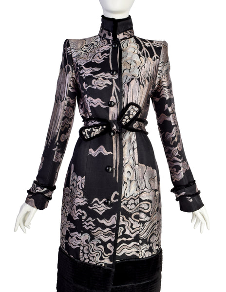 Yves Saint Laurent by Tom Ford Vintage AW2004 Iconic Chinoiserie Scenic Jacquard Fur Trim Coat