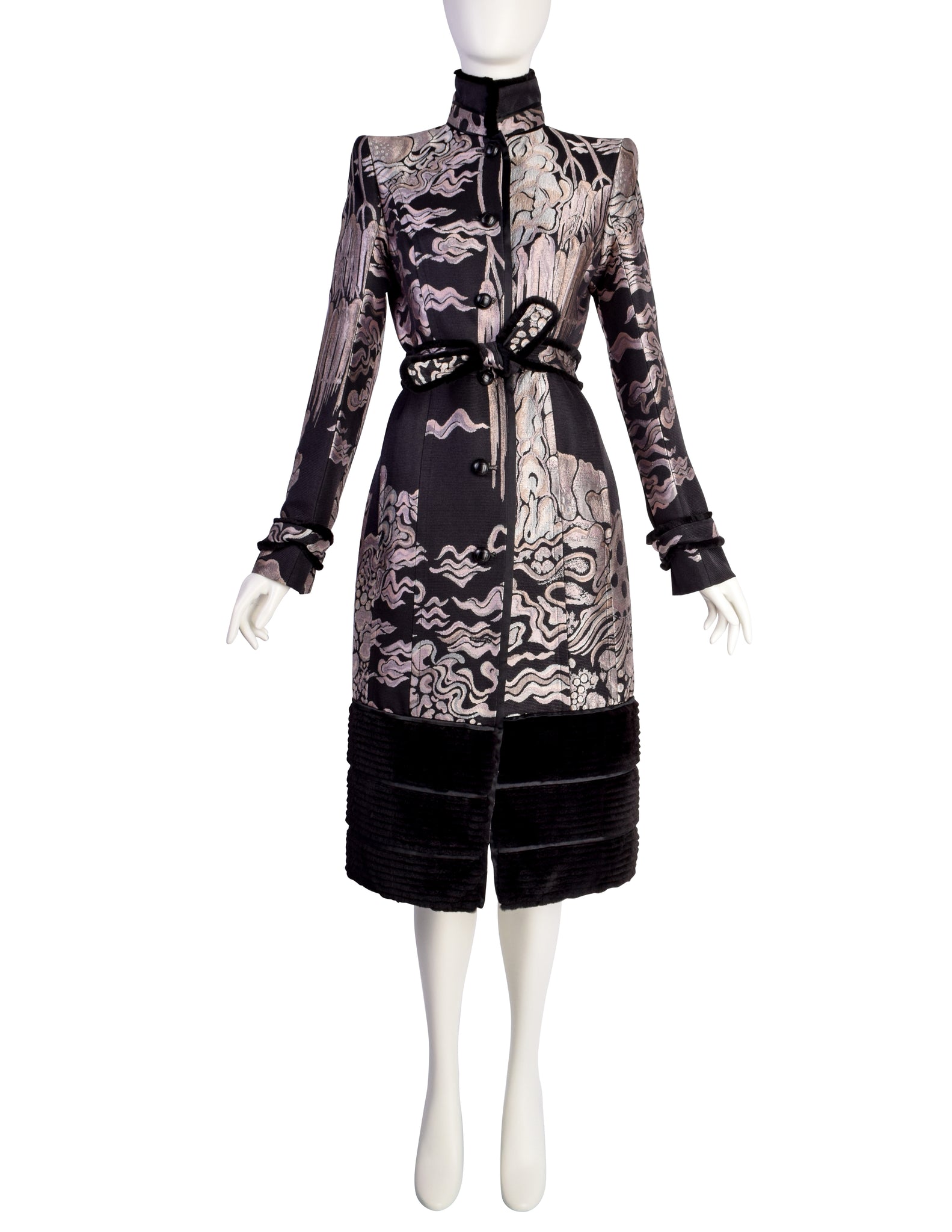 Yves Saint Laurent by Tom Ford Vintage AW2004 Iconic Chinoiserie Scenic Jacquard Fur Trim Coat